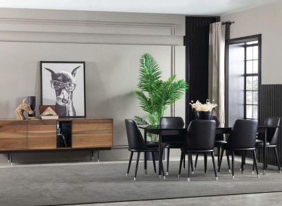 Black 7-piece kitchen set with chairs in a modern style, comfortable new